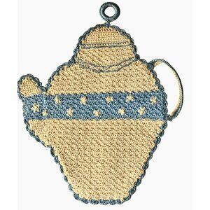 Hand Crocheted Teapot Potholder 8"X6.5" Cream & Blue Cottage Core Country Gift